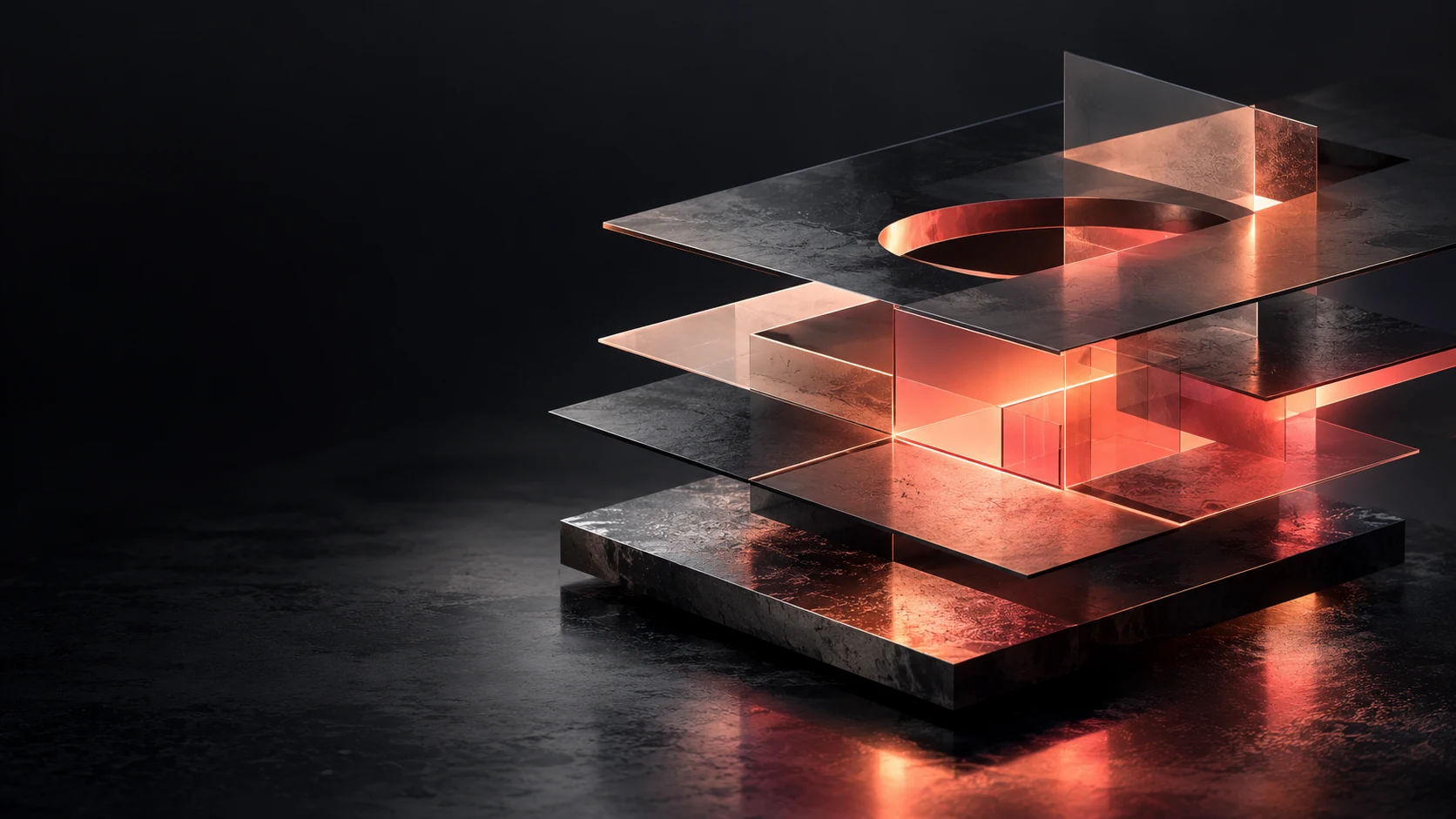 Concept visualization of coral light between engineered geometric boundaries